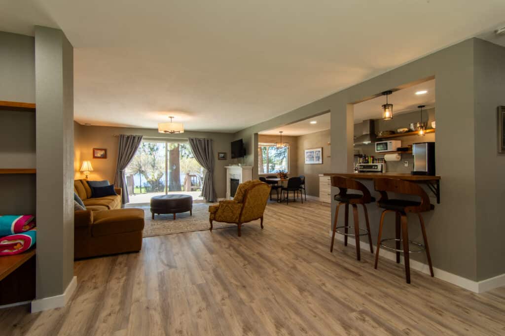 Interior of the Gold Cabin, with lake view at our Oregon Cabins.
